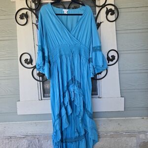 Venus Plus Size 1X Blue Boho Lace Tiered  High-Low Maxi Top